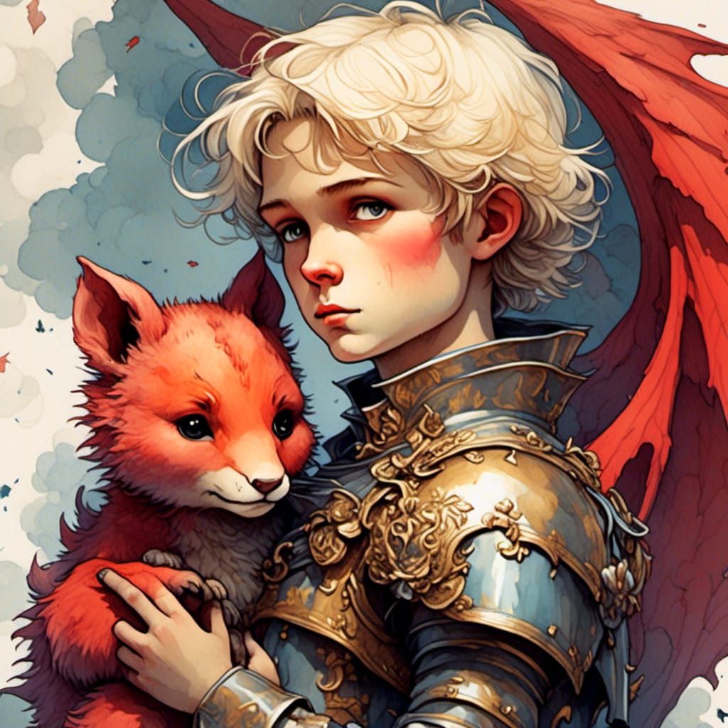 Cute Knight with Dragon in Watercolor Style