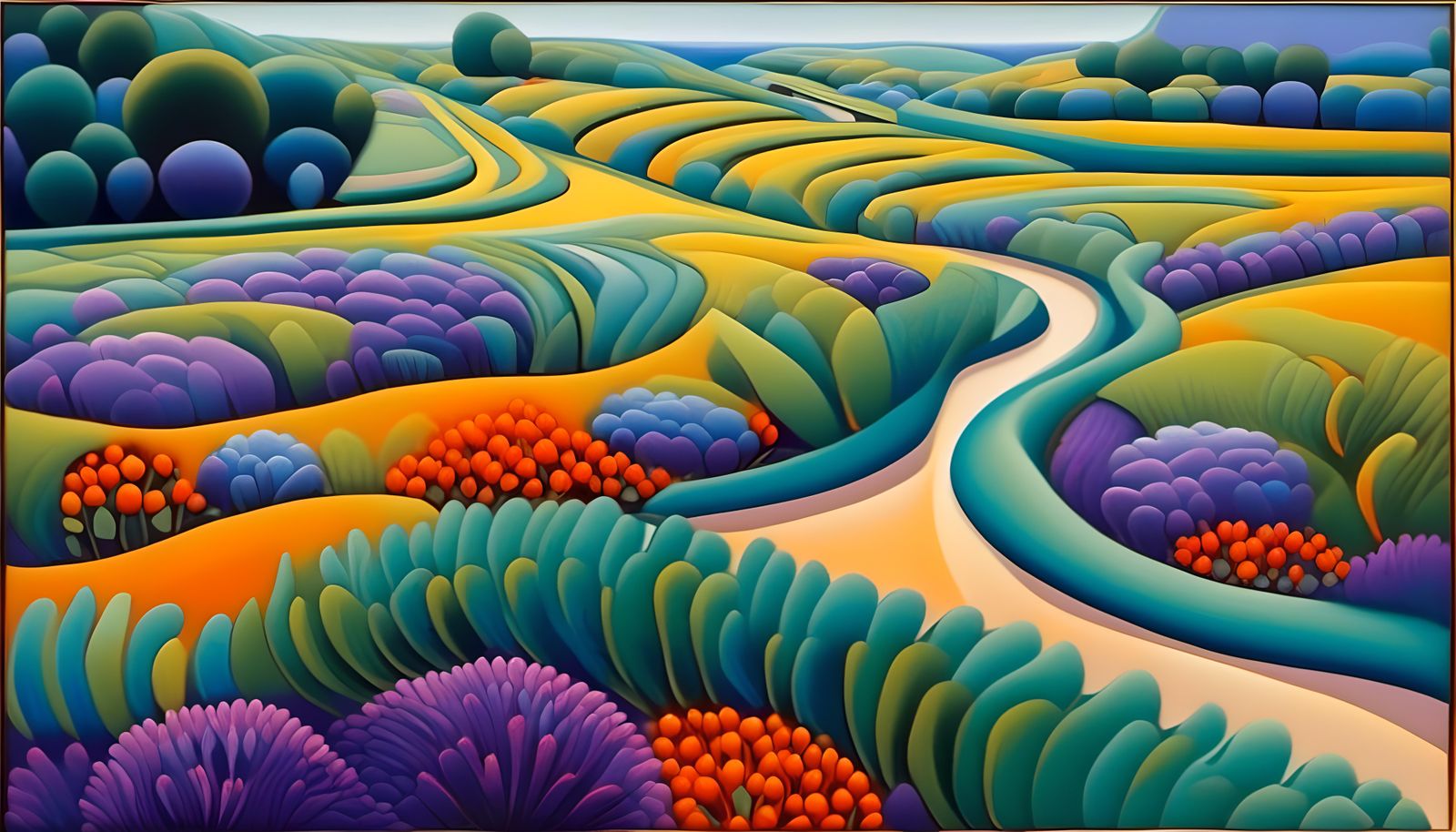 Impasto Landscape with Flowers and Geometric Shapes