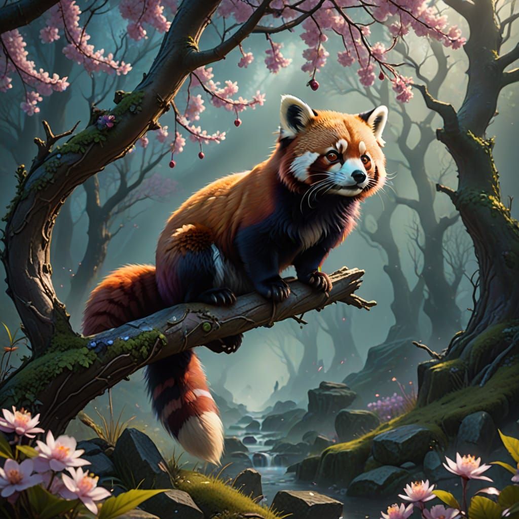 Whimsical Fantasy Red Panda Fox Hybrid in Cherry Blossom For...