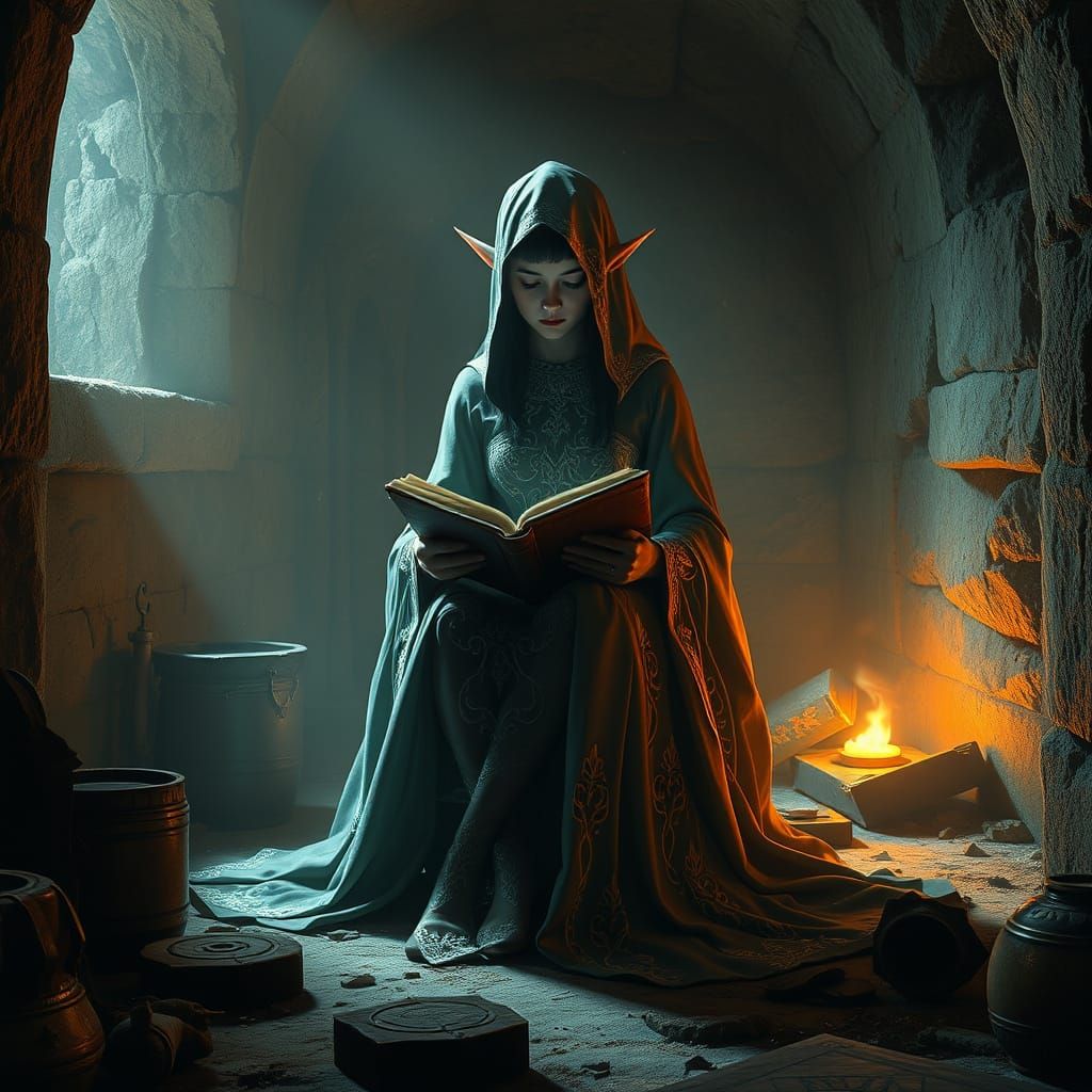 Mysterious Dark Elf Sorceress in Ancient Tomb Study