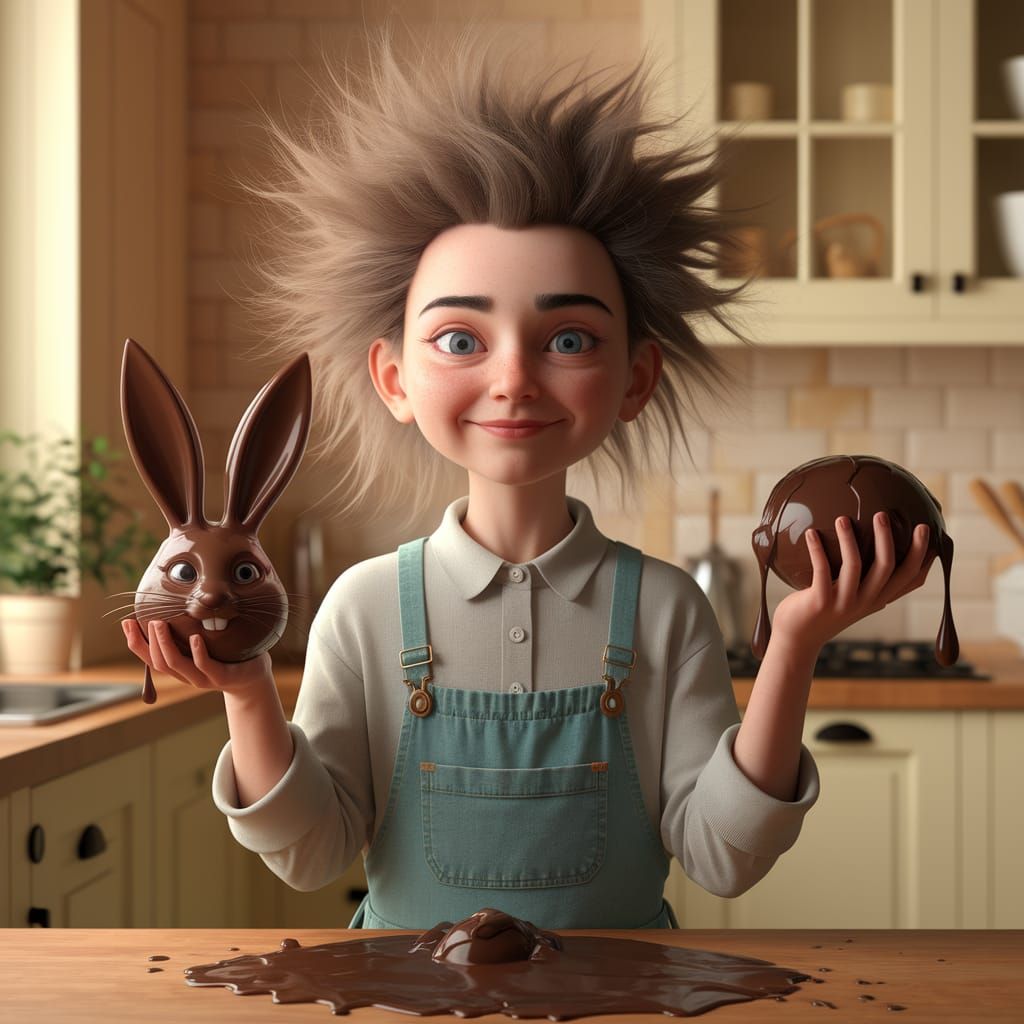 Girl Bites Chocolate Bunny in Cozy Kitchen Render