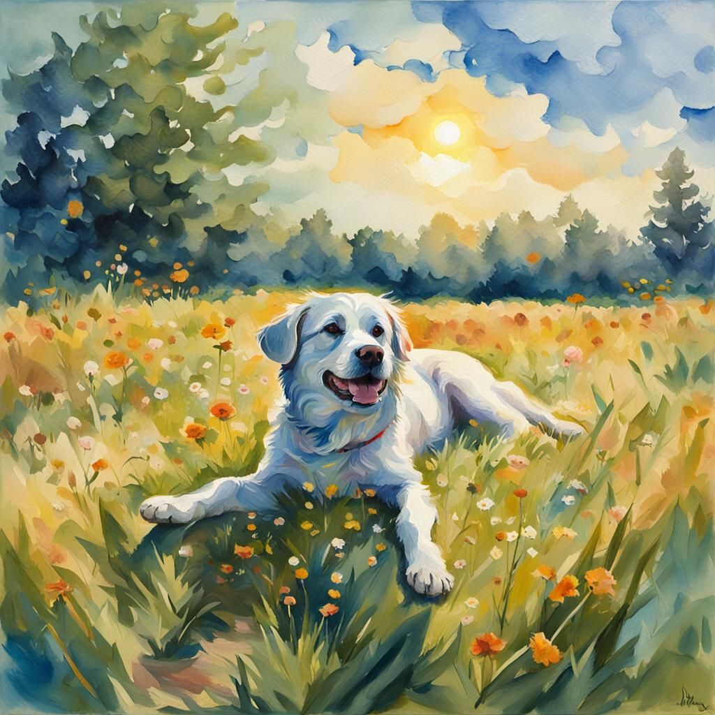 Dog Reaching for Sky: Gouache Impressionist Meadow