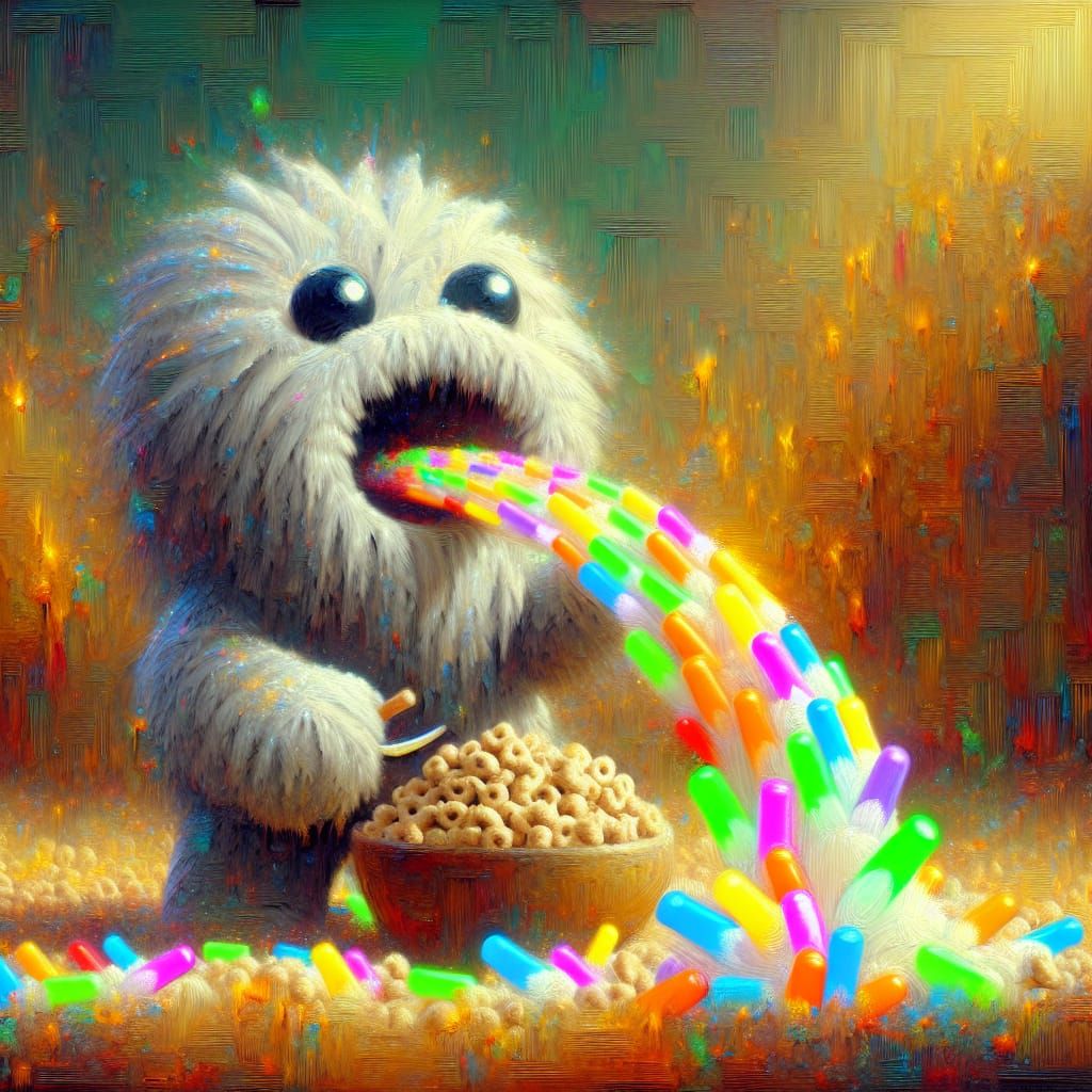Fluffy Cereal Mascot Mastodon Barfs a Burning Bundle of Glowsticks V