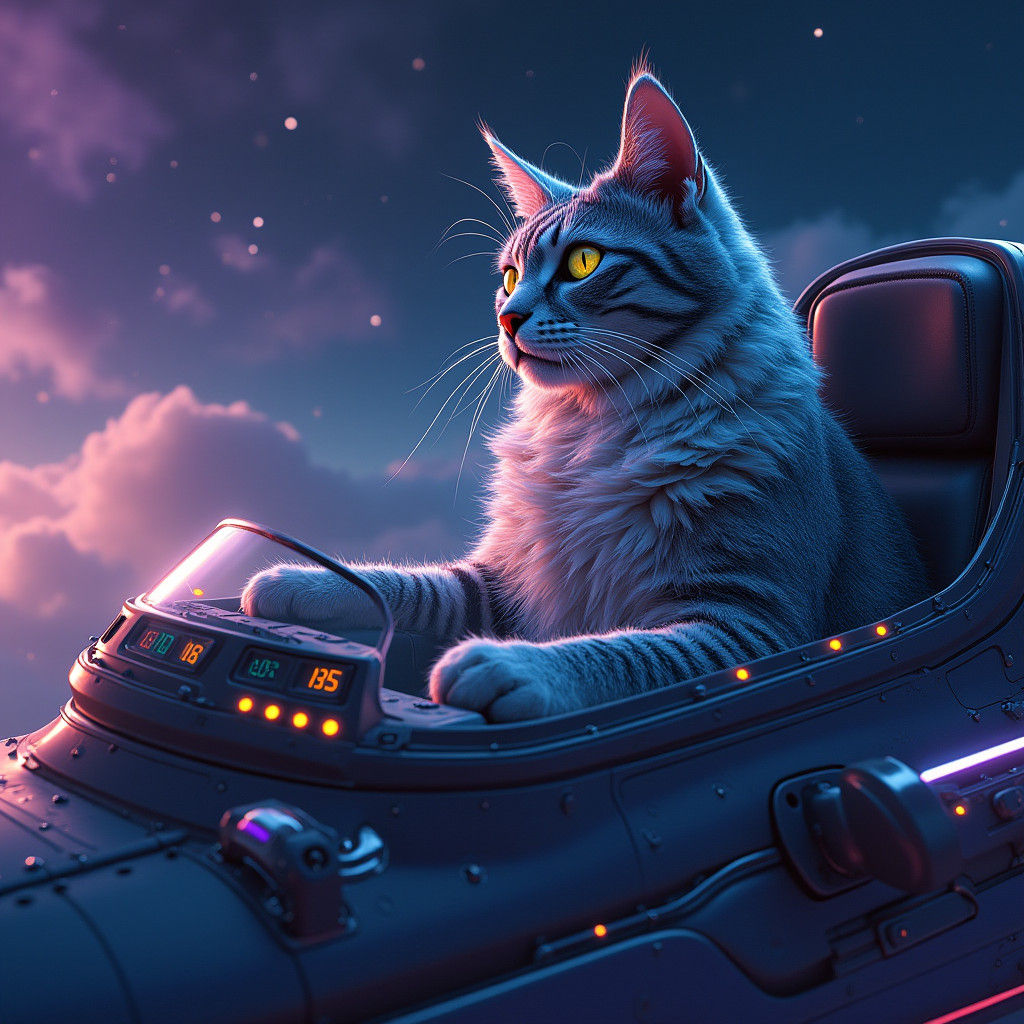 Regal Cat Piloting UFO in Starry Sky