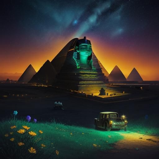 Egyptian Sphinx with Flowers Under Fluorescent Moonlight