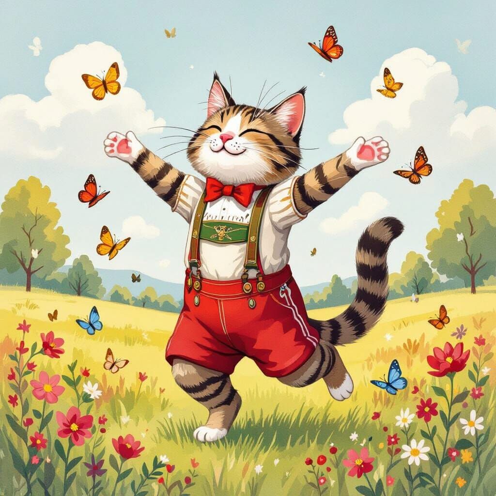 Festive Cat Dances with Butterflies: Watercolor Illustration