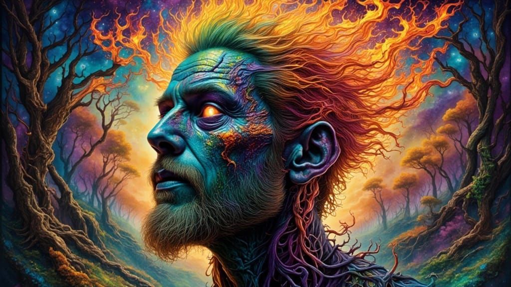 Rainbow Flame Man in Fantasy Dreamscape