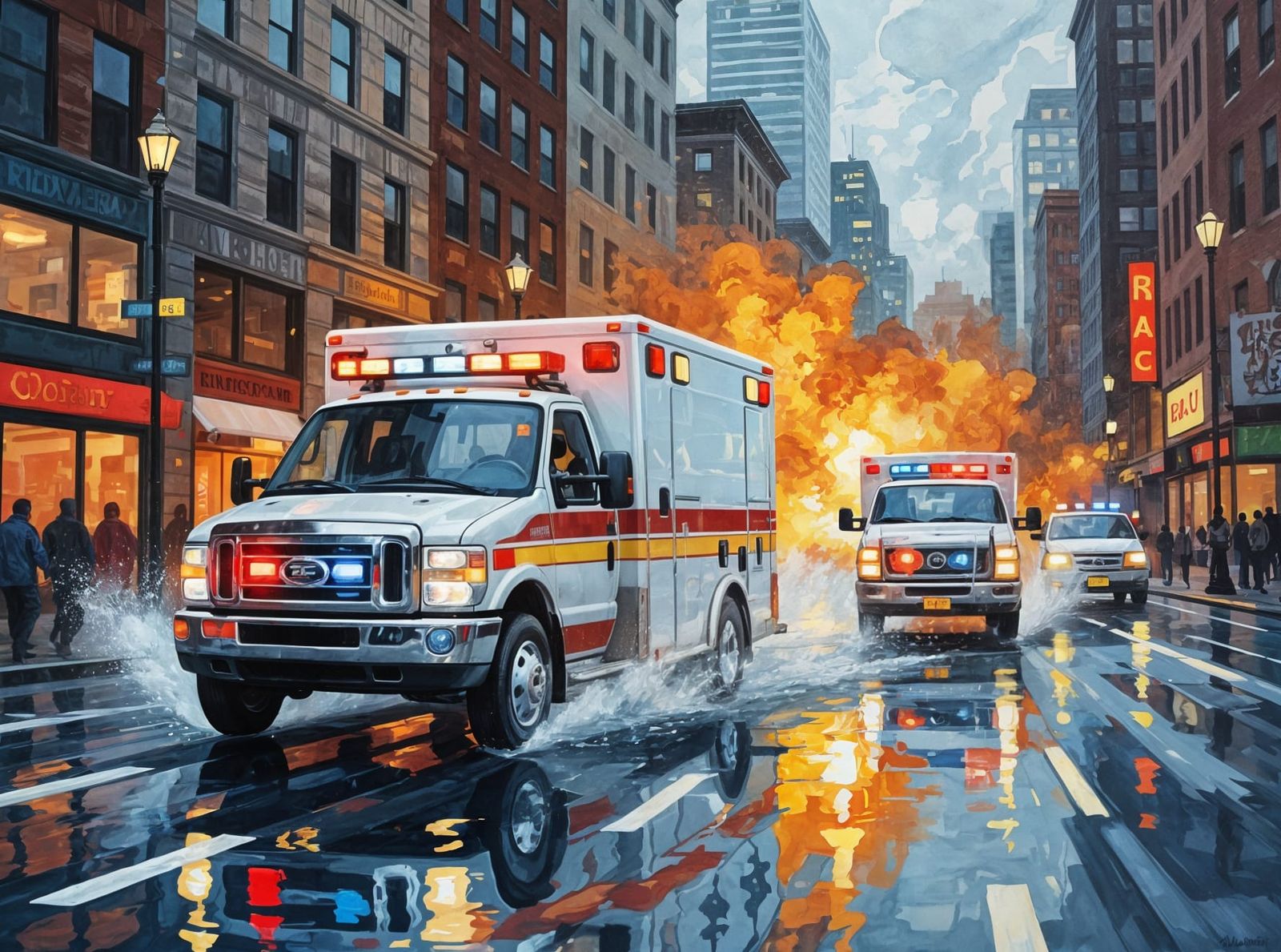 Gouache Ambulance Races Through City Street