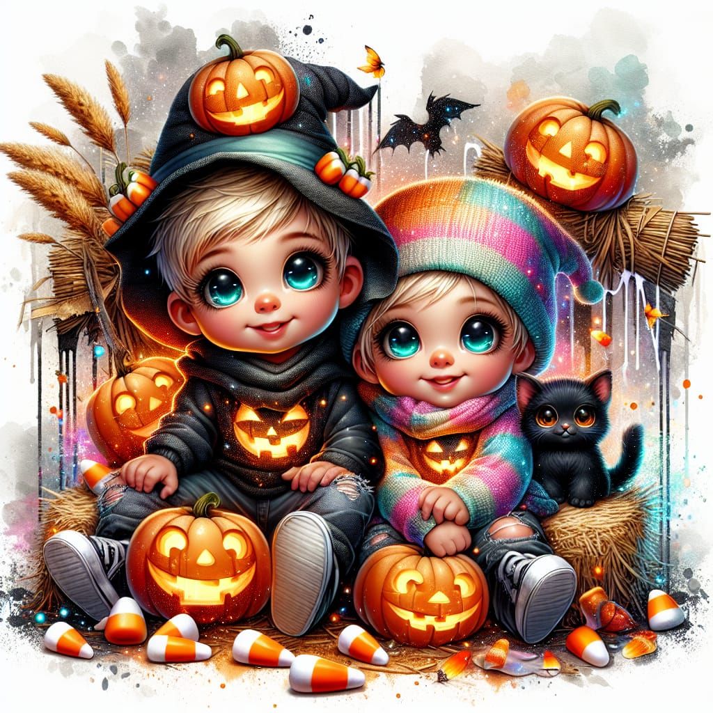 Halloween Infants with Scarecrow in Photorealistic Style