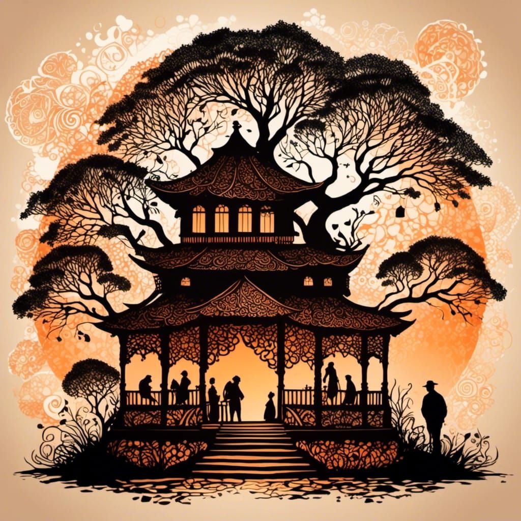 <lora:Bohemian Zentangle:1.0> Lost tea house, silhouette, auburn light background