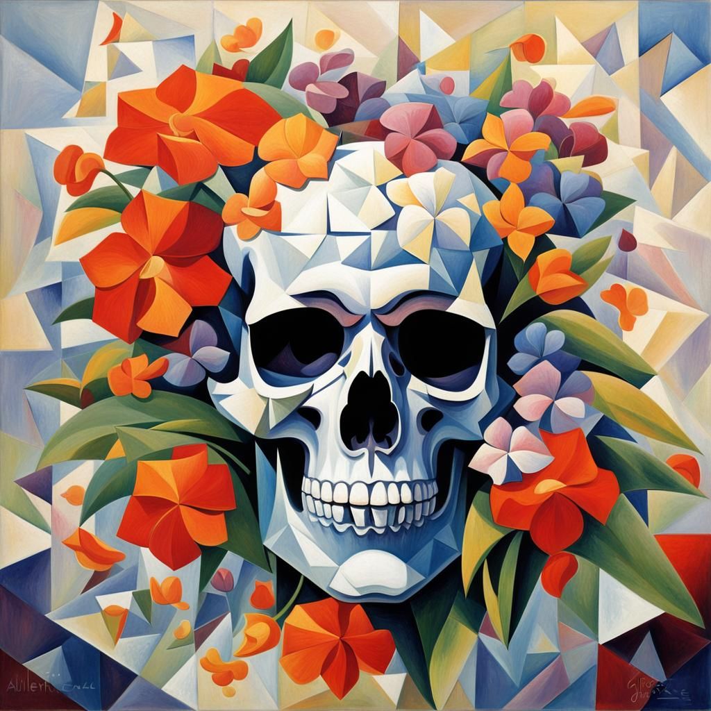 Abstract Cubist Skull Surrounded by Dewy Flowers