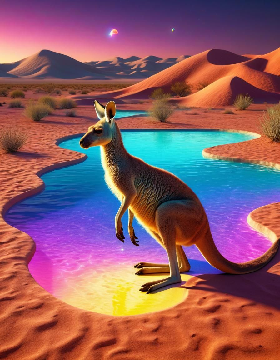 Luminescent Kangaroo in a Dazzling Desert Landscape