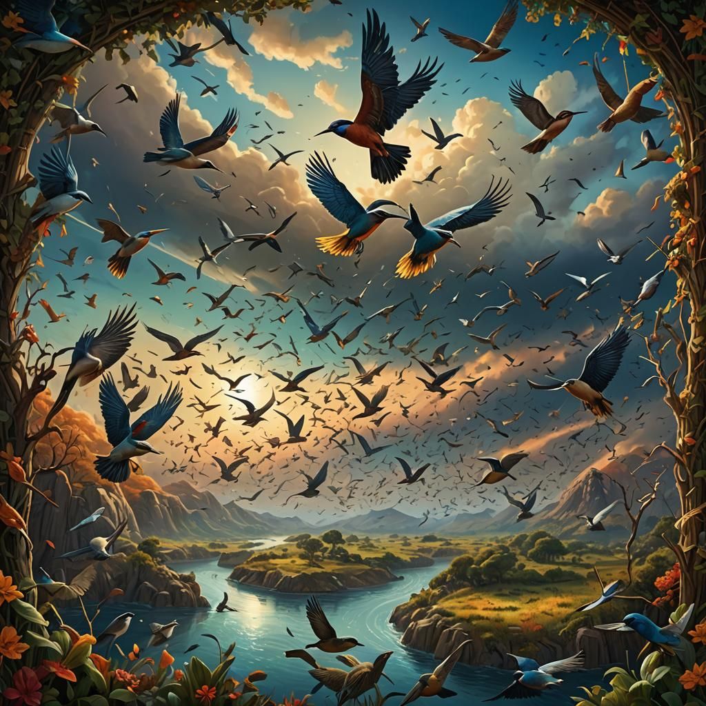 Migratory Birds in Flight: Detailed Matte Painting