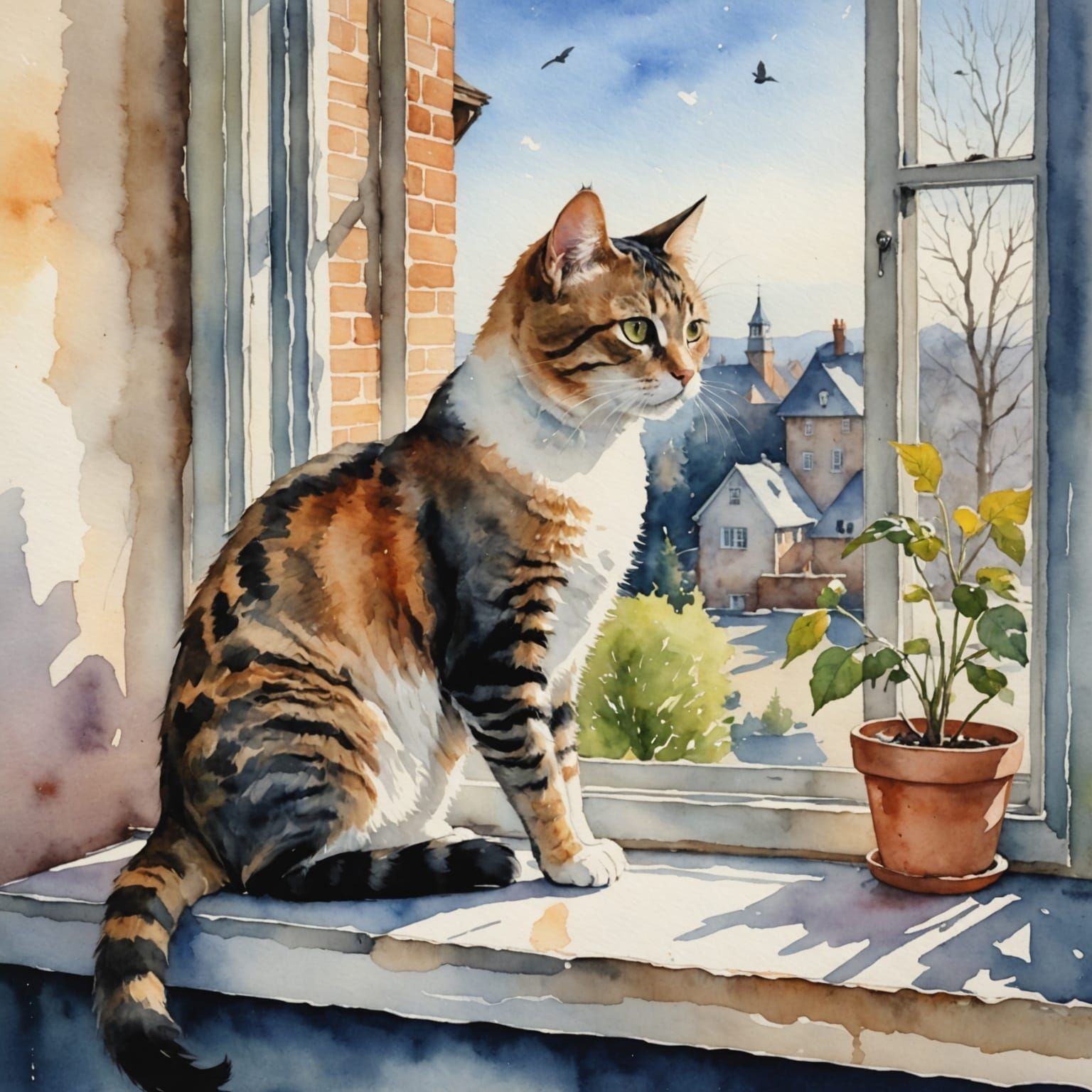Watercolor Cat Watching Birds on Windowsill
