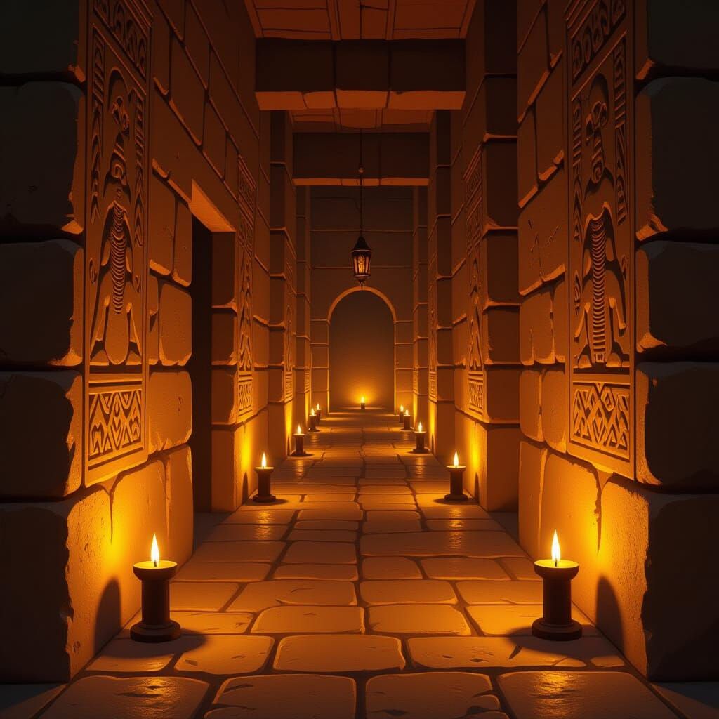 Torch-Lit Corridor in African Palace with Ancient Carvings