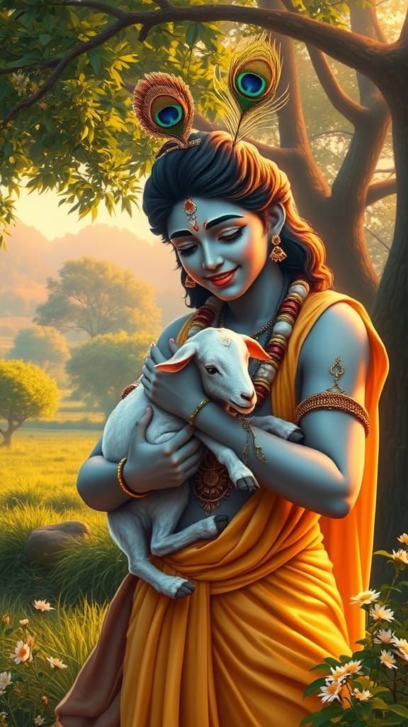 Krishna Cradling Goat in Vrindavan Landscape