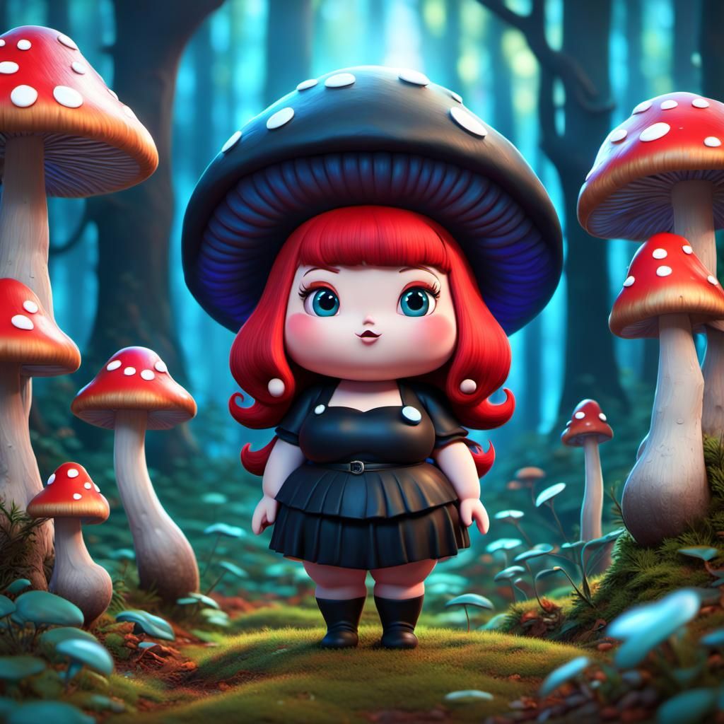 Kawaii Mushroom Woman in Magic Forest: 3D Digital Art