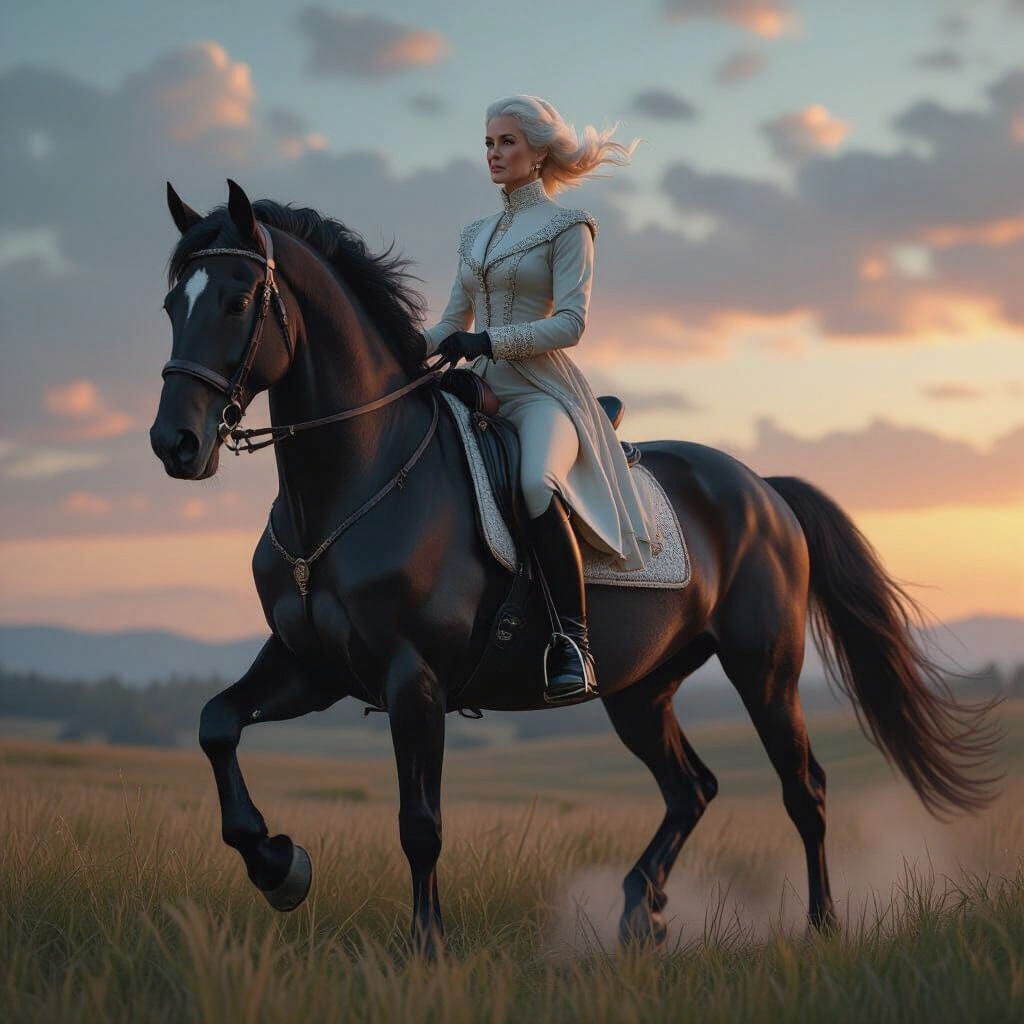 Woman Galloping on Black Horse: Detailed Matte Painting