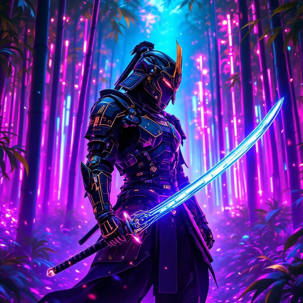 Cyberpunk Samurai Warrior Stands in Neon-Lit Bamboo Forest