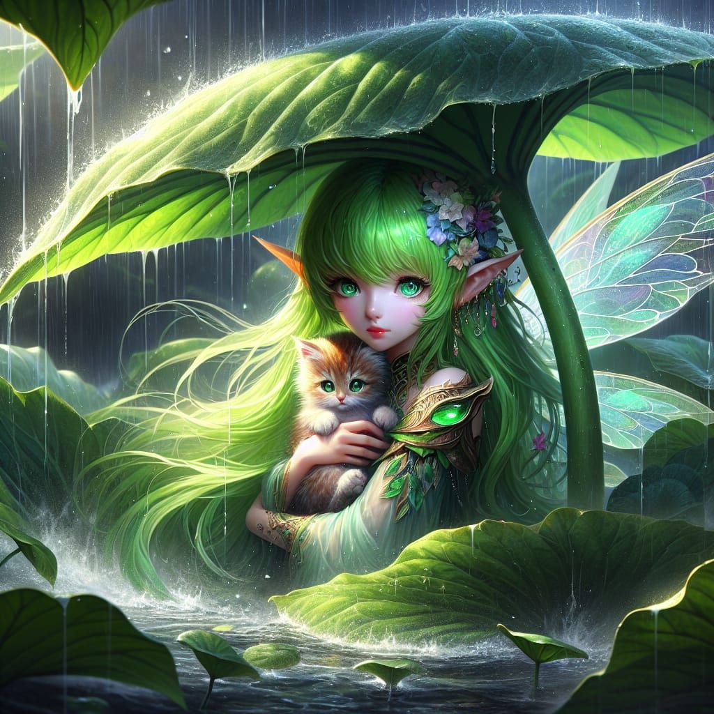 Anime Fairy Protects Kitten From Rain
