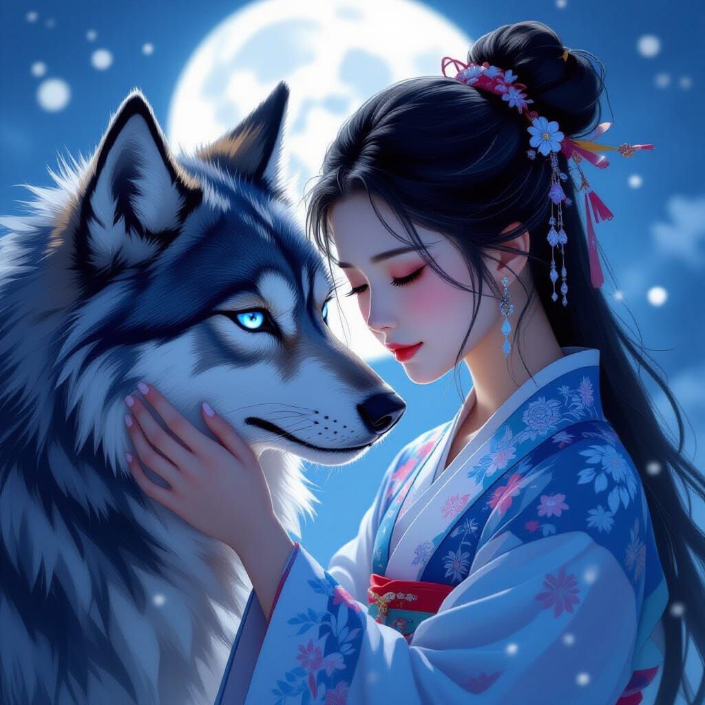 Girl and Hellhound in Moonlight, Dreamy Art Style