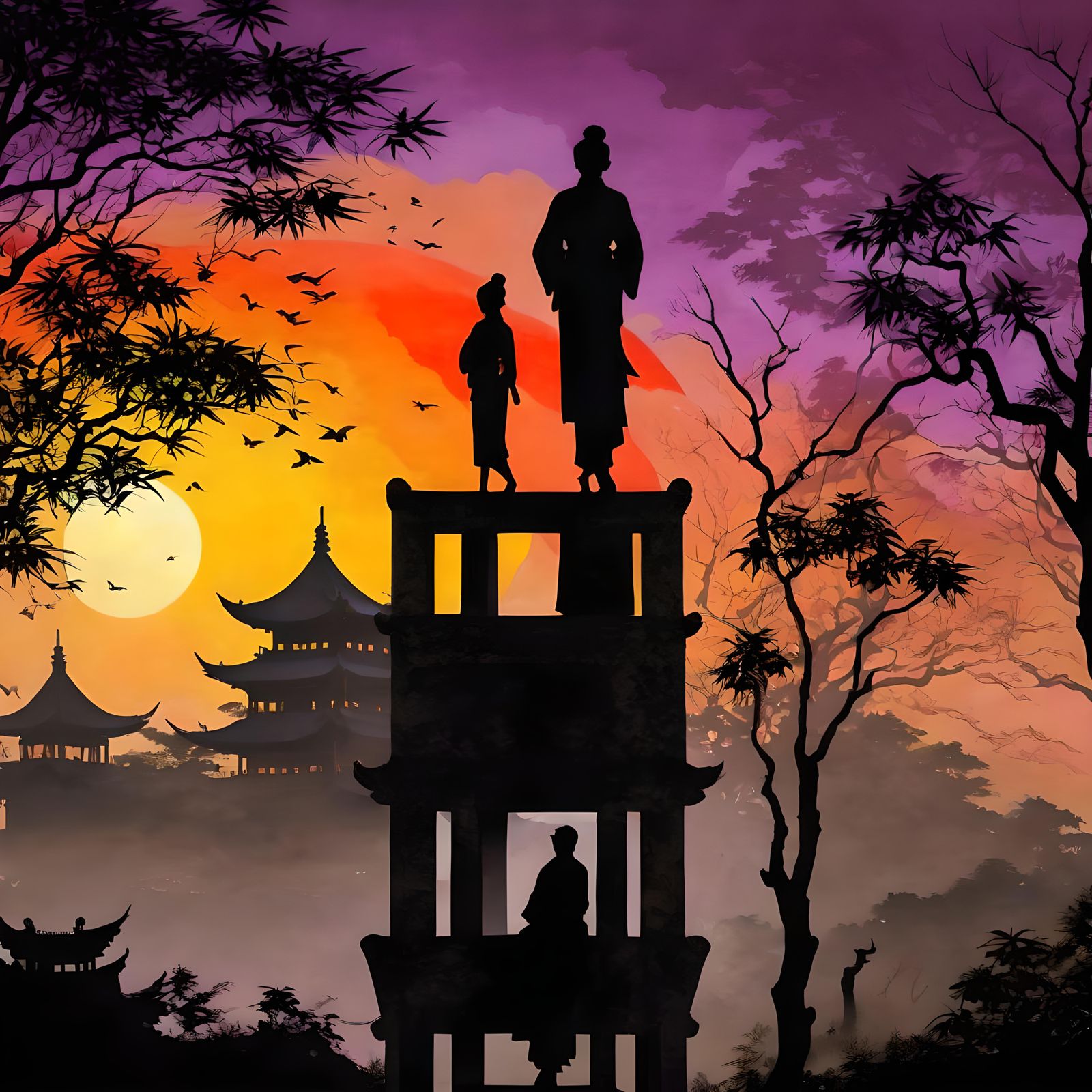 Impressive Chinese Silhouette Art in Red and Purple