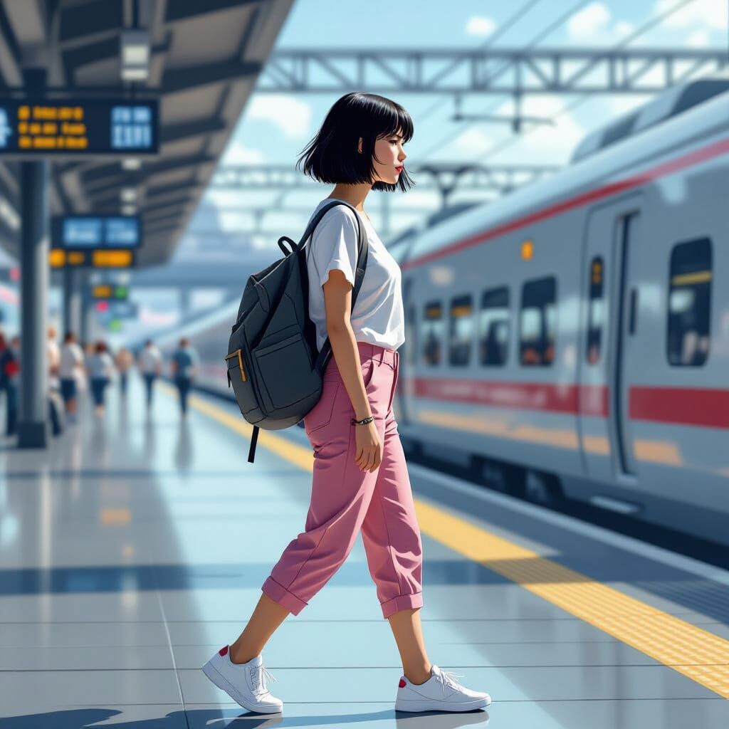 Young Woman at Train Station in Realistic Digital Art