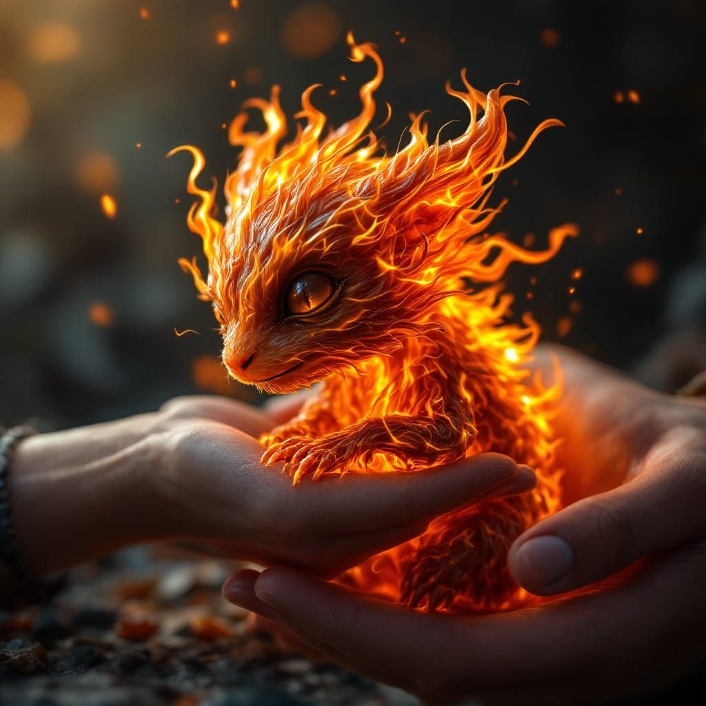 Baby Flame Griffon Curls Contentedly in Fiery Fantasy Art