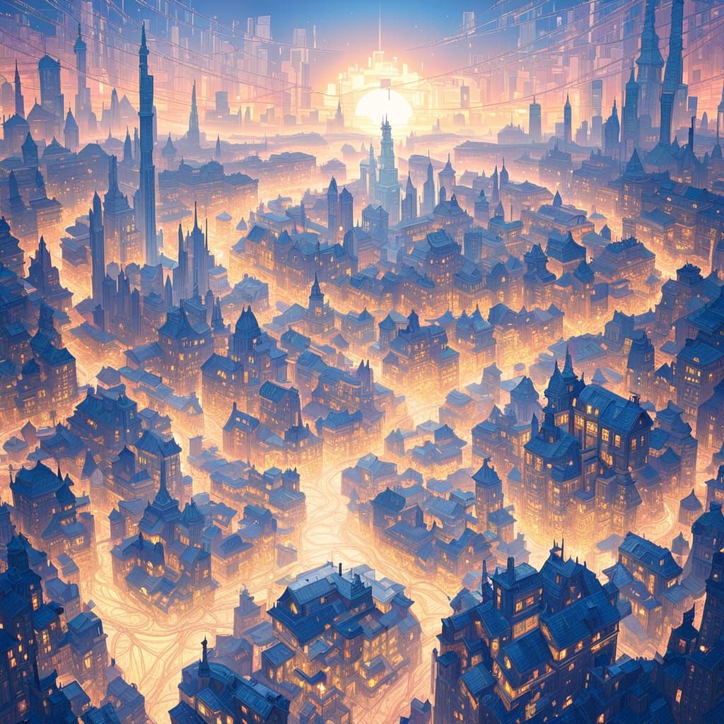 Crystal Cityscape at Dawn with Ethereal Bridges