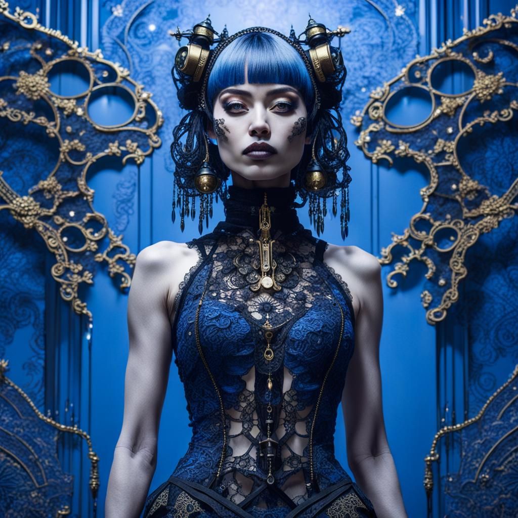 Cyberpunk Girl in Indigo Ballroom, Junji Ito Style