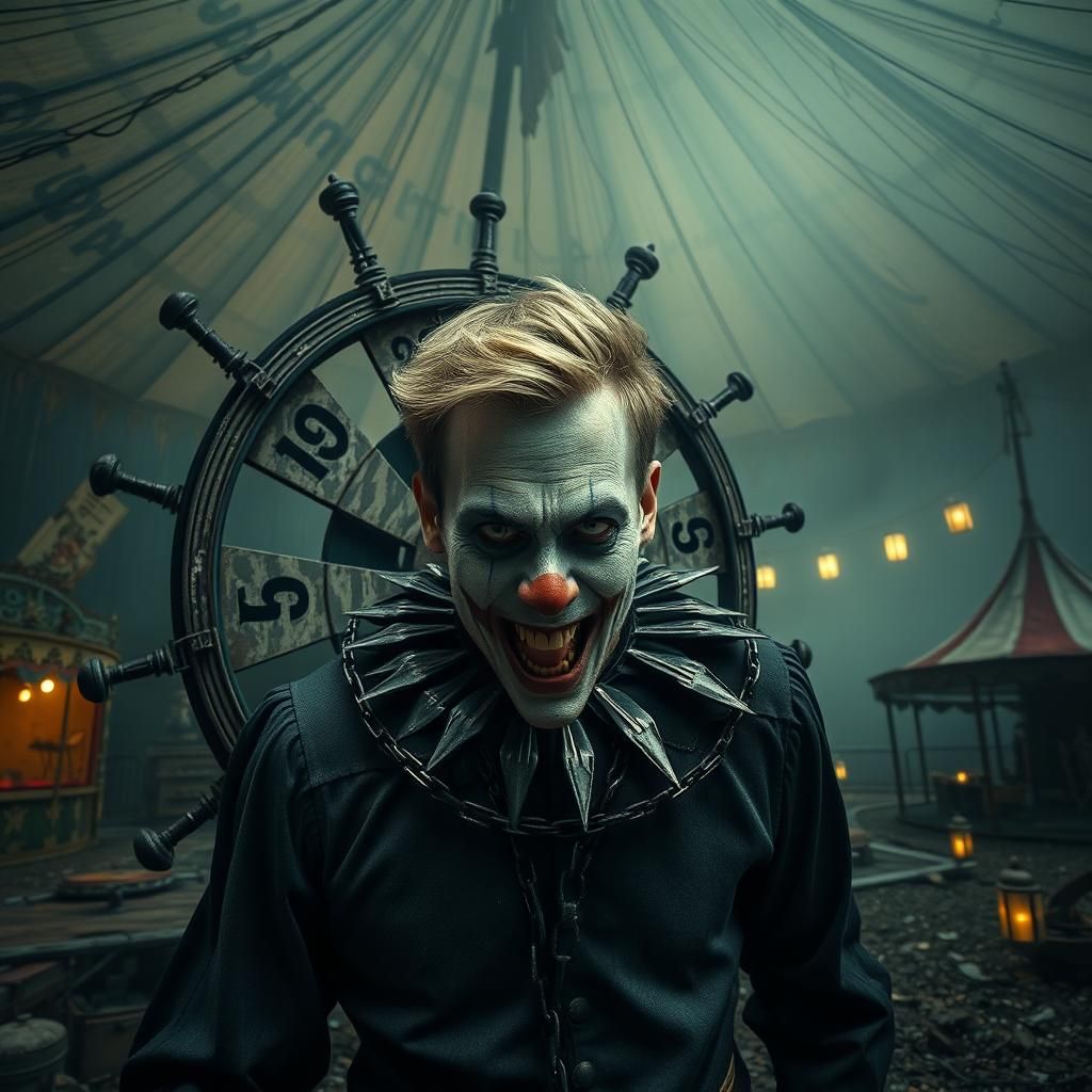 Terrifying Clown in Abandoned Carnival: Dark Photorealism