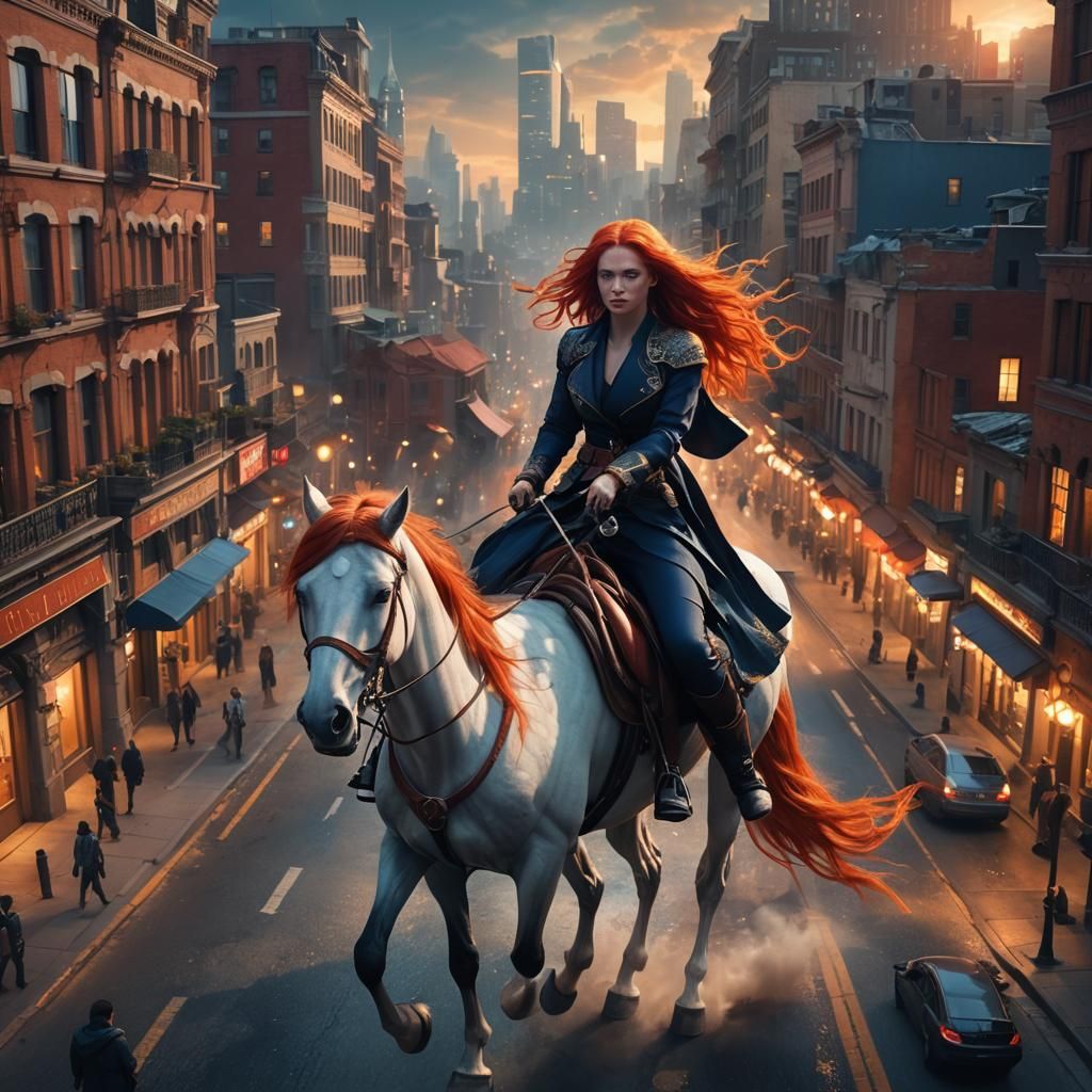 Red-Haired Rider Over City: Fantasy Artscape