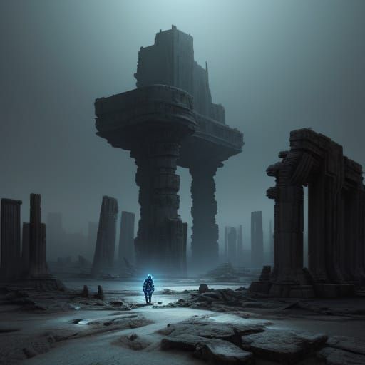 Robot Explores Alien Ruins in Sci-Fi Concept Art