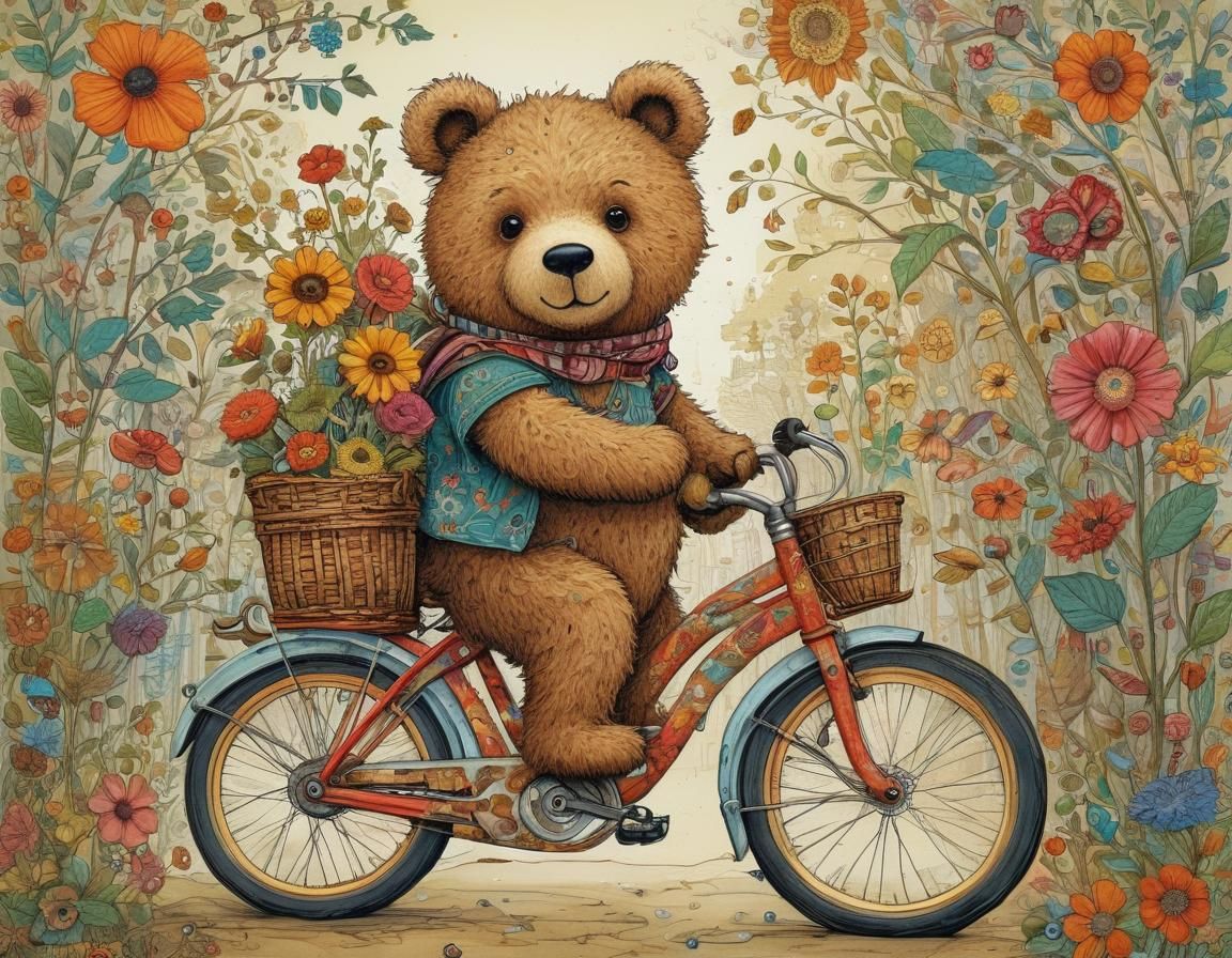 Teddy Bear Rides Bike: Storybook Illustration