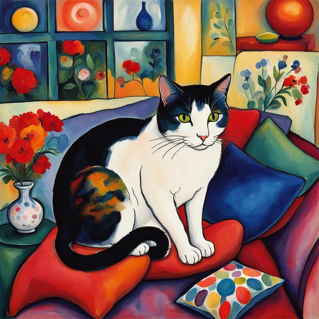 Cat Contemplates Cushions in Chagall Style