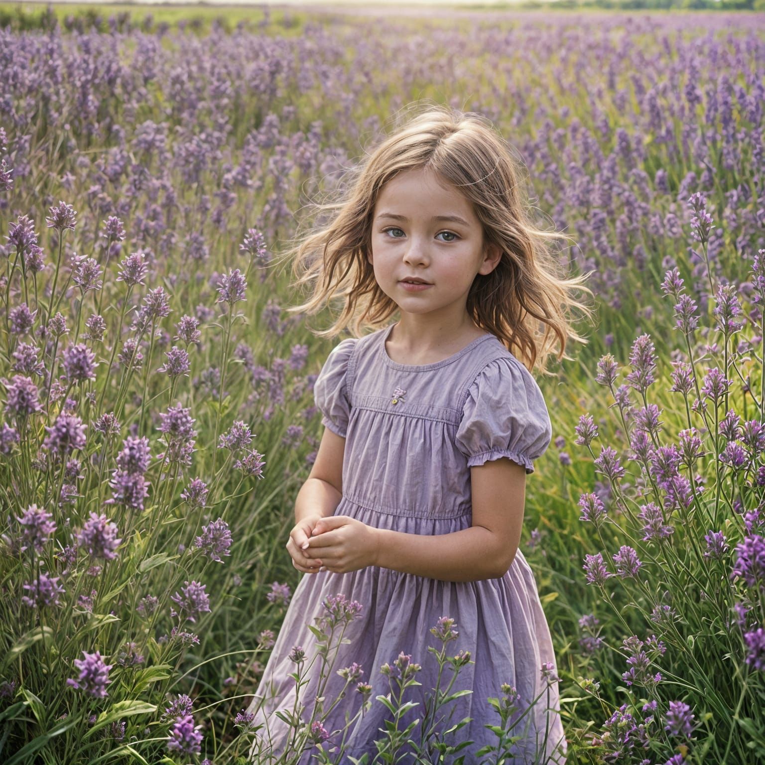 Girl Plays in Field of Purple Wildflowers