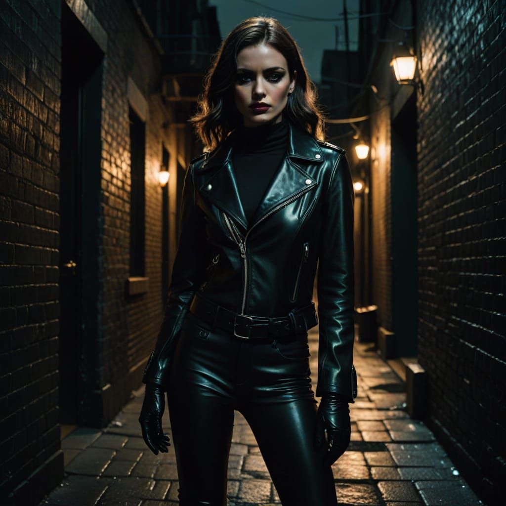 Girl in Moody City Alleyway with Intense Gaze