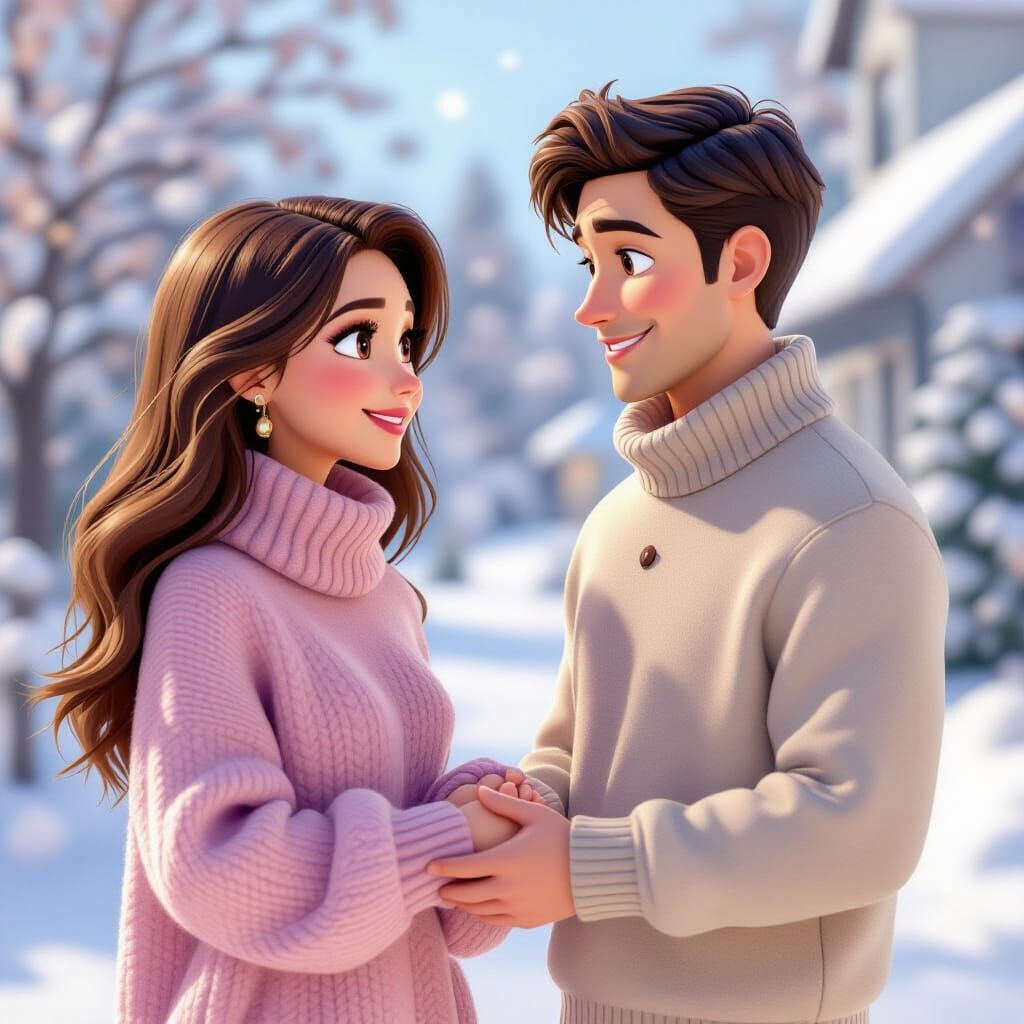 Elegant Woman and Husband in Pastel Winter Attire