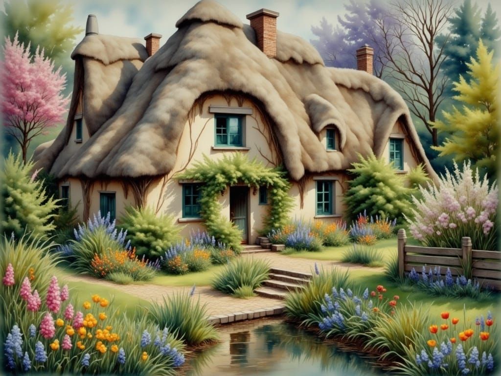 Charming Thatched-Roof House with Spring Garden, Watercolor ...