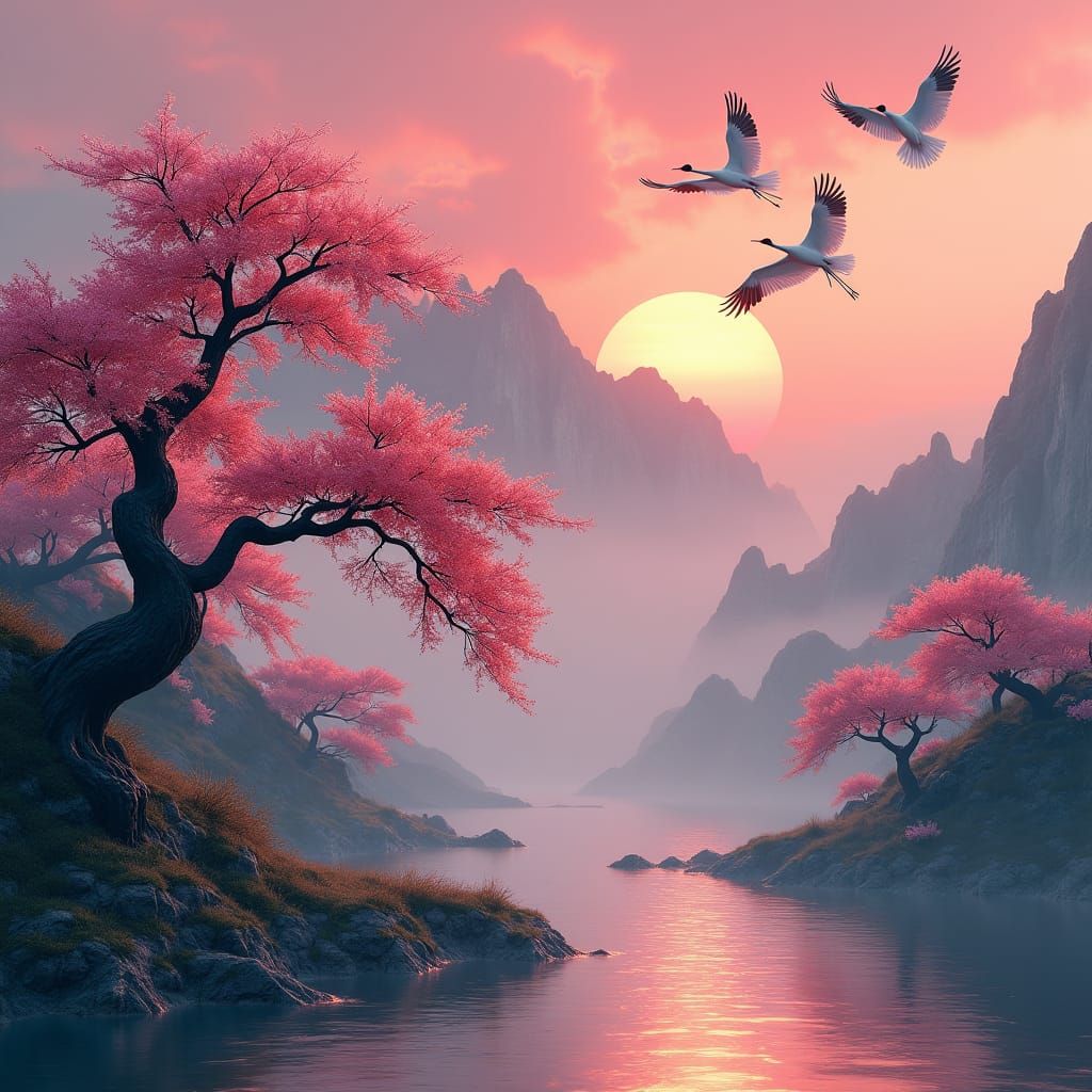 Japanese Tattoo Mountain Landscape with Cranes and Cherry Bl...