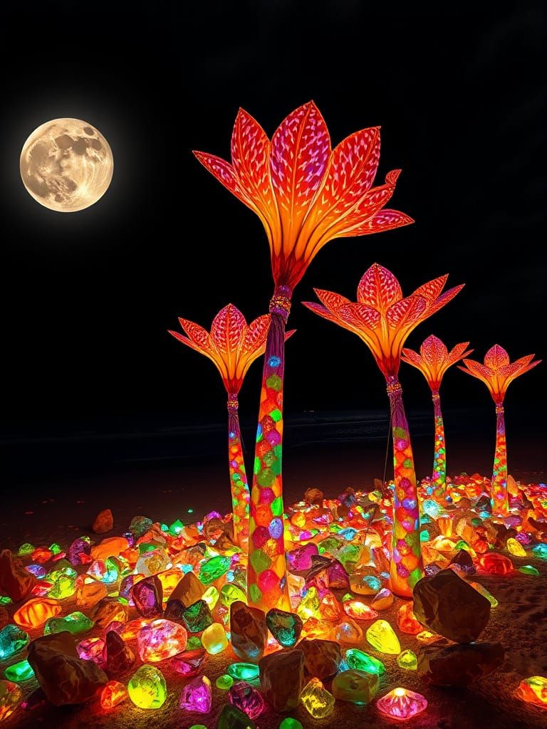 Bioluminescent Flowers on Moonlit Beach in Mosaic Style