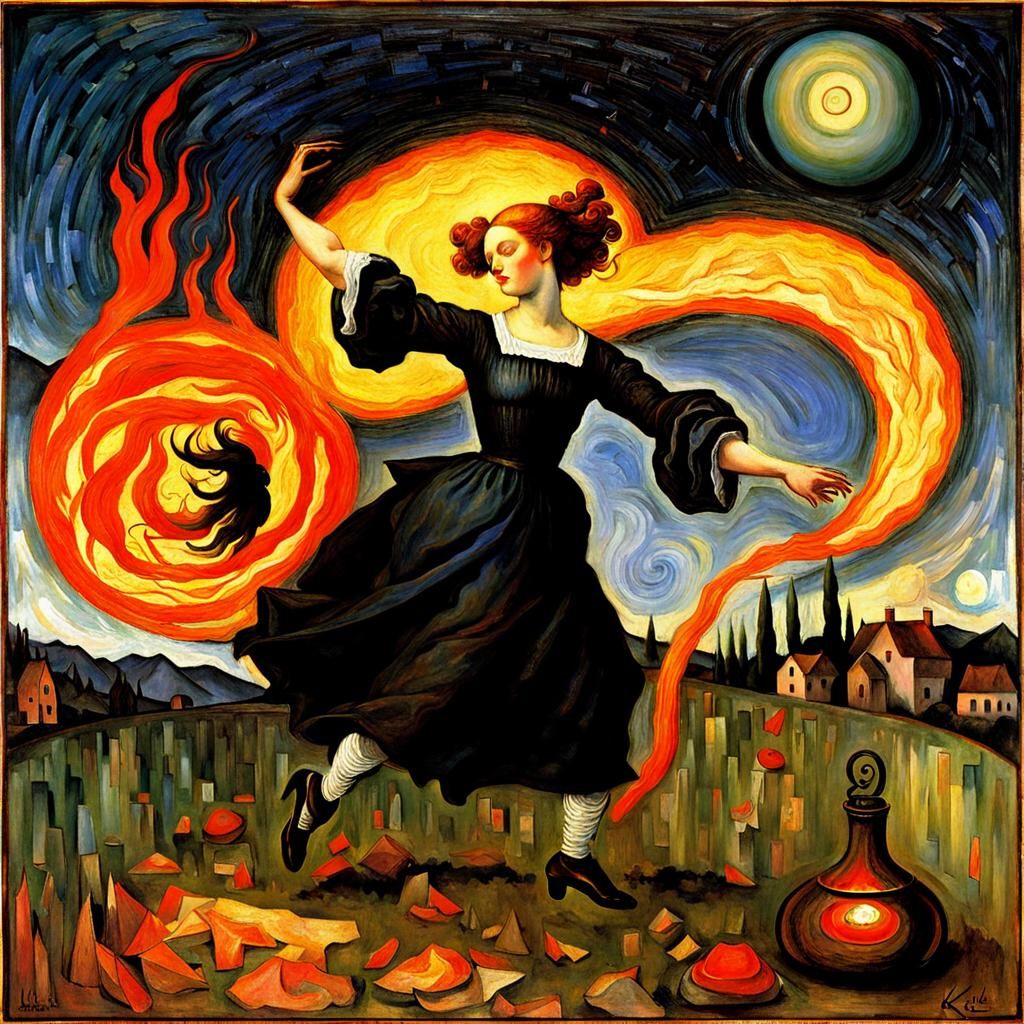 Witch Dancing Around Fire in Blended Styles