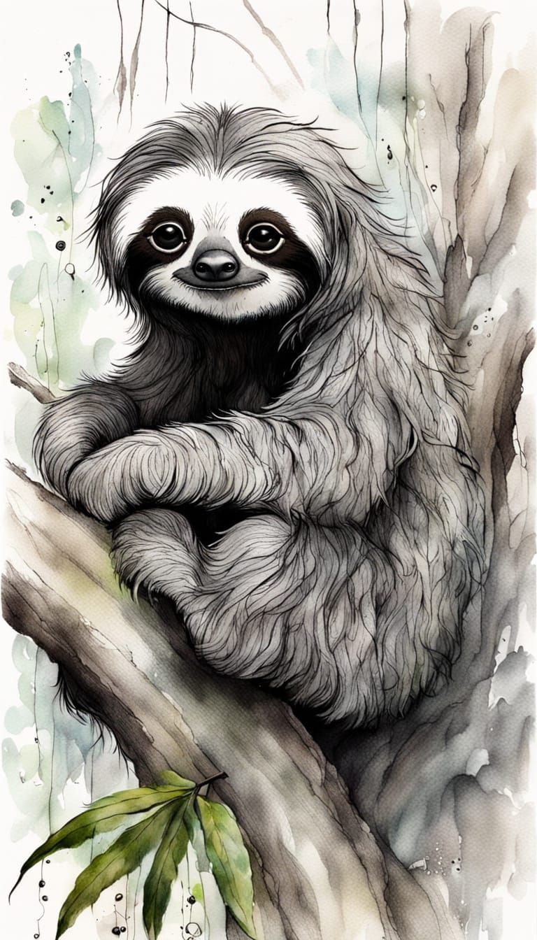Adorable Sloth in Watercolor and Charcoal