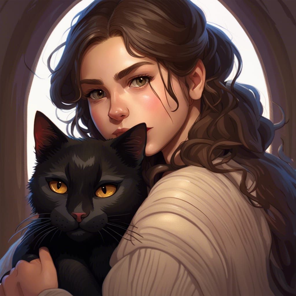 Girl with Black Cat: Hyperdetailed Art Nouveau Portrait
