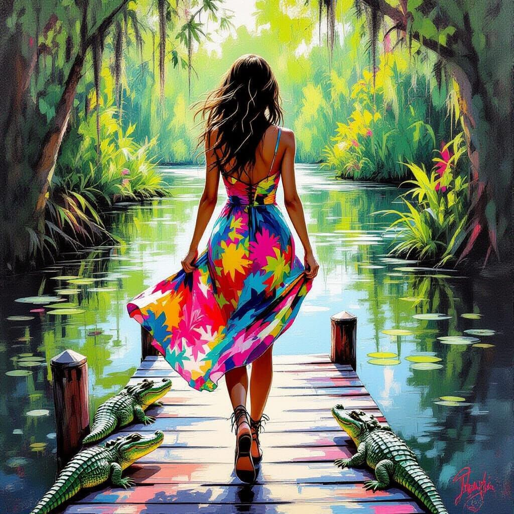 Woman Searches for Alligators in Vibrant Graffiti Art Style