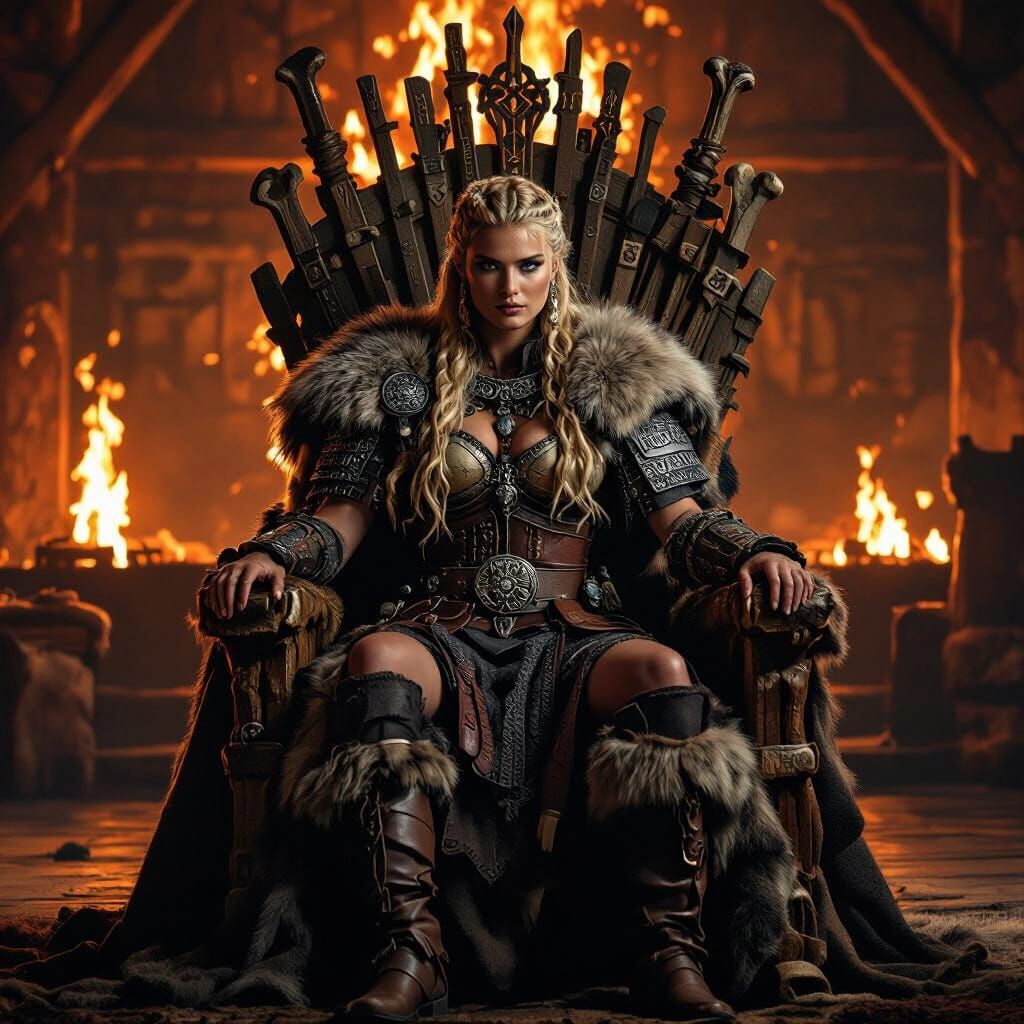 Viking Queen on Bone Throne in Mead Hall