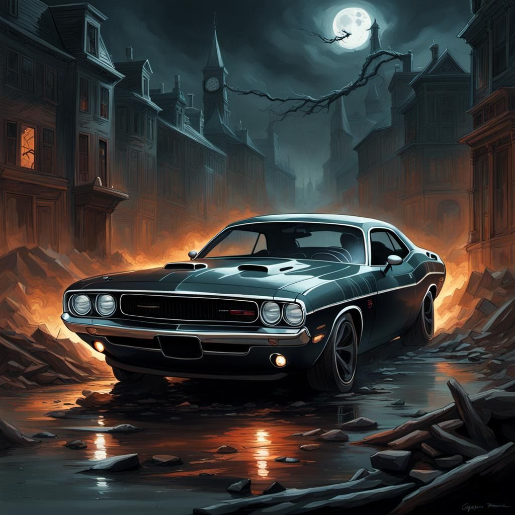 Ghostly Dodge Challenger in Horror Style