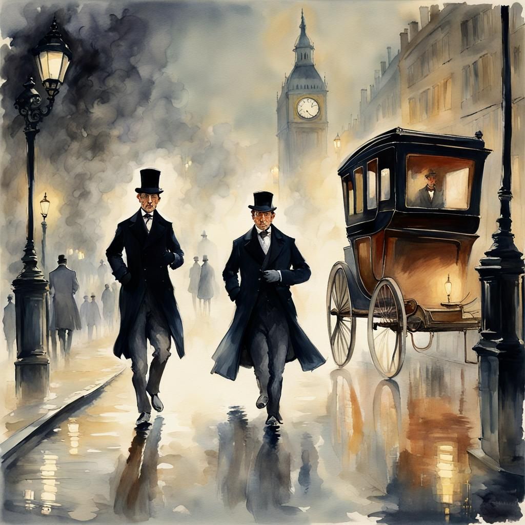 Sherlock Holmes and Watson in Foggy London, Gouache
