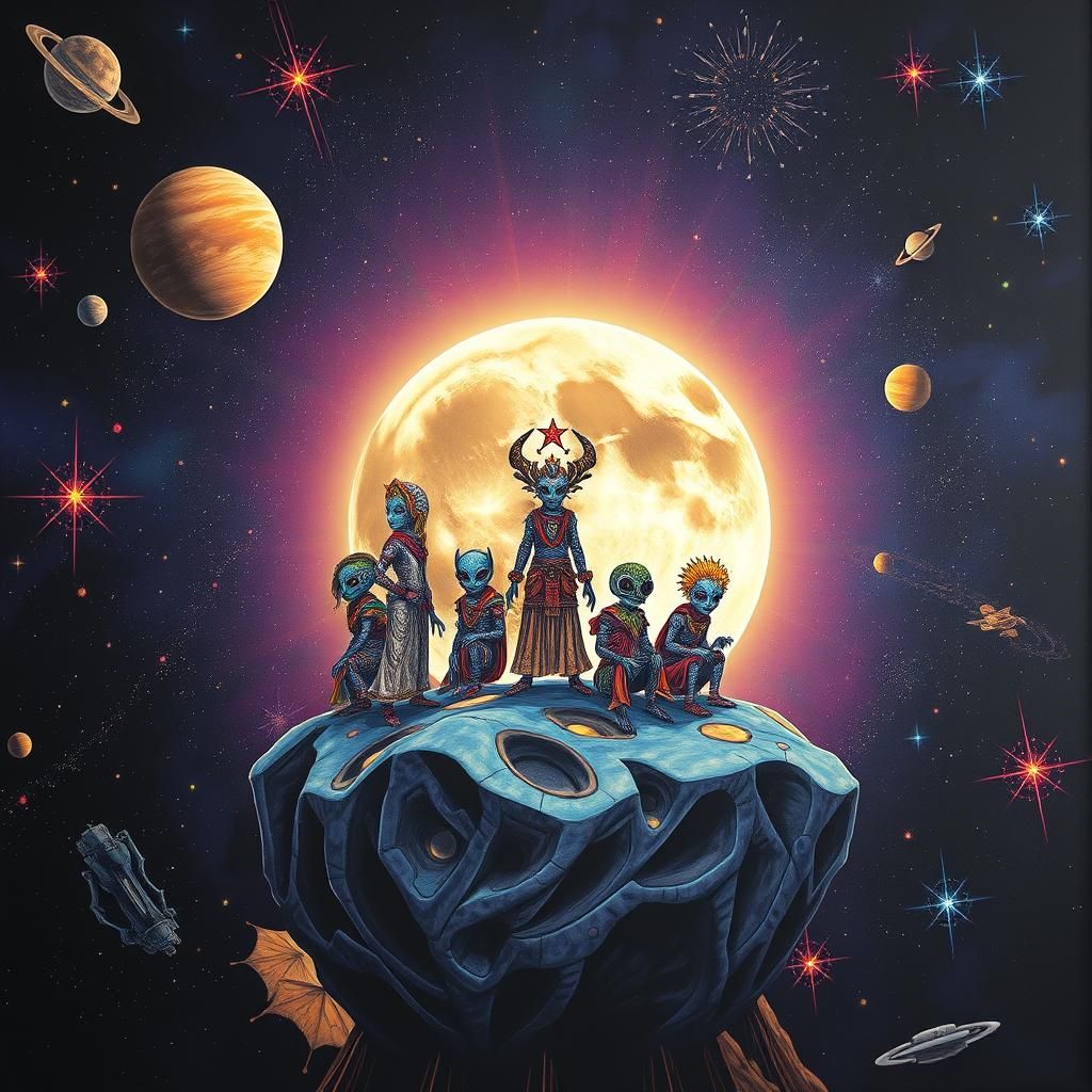 Vibrant Sci-Fi Aliens on Moon in Folk Art Style