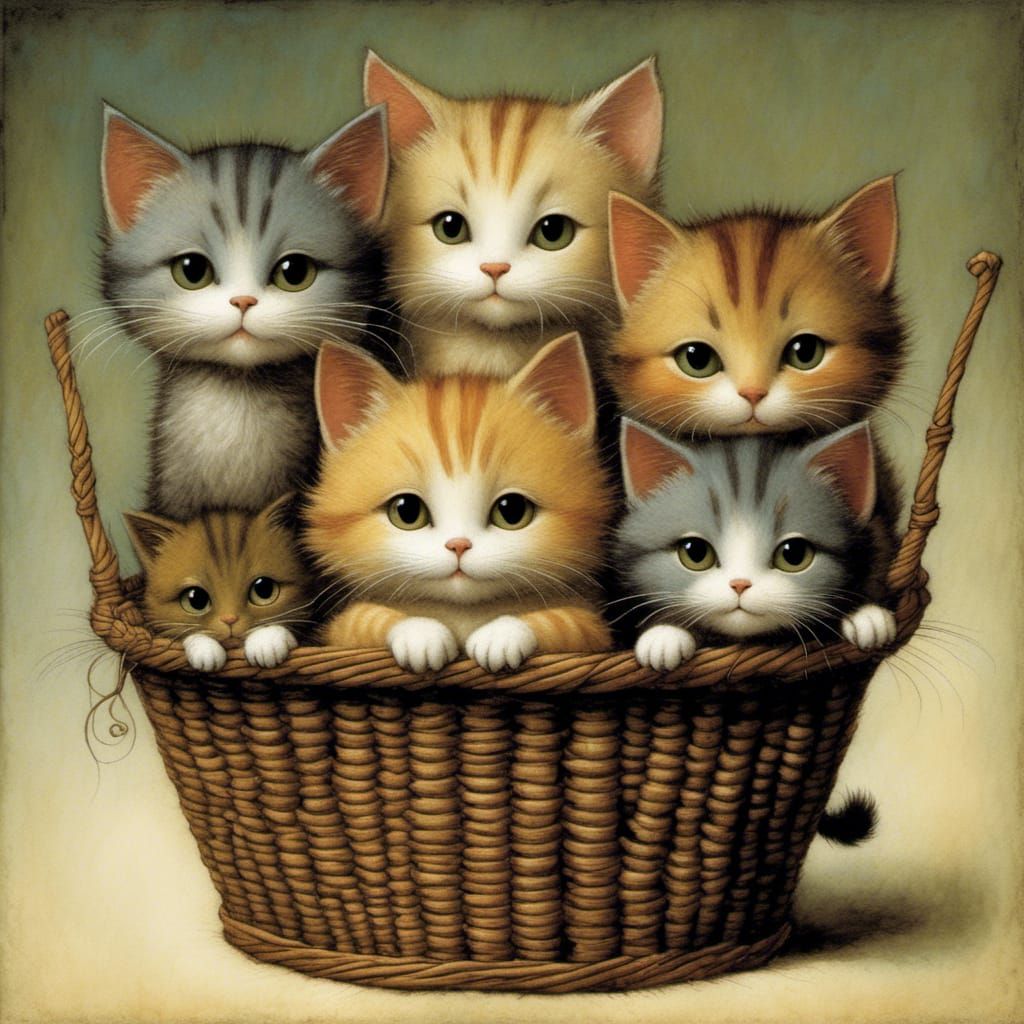 Five Cute Cats in Basket, Whimsical Fantasy Art